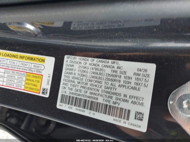 46215132 :رقم المزاد ، 2HKRS4H76TH485908 vin ، 2026 Honda Cr-v Ex-l Awd مزاد بيع