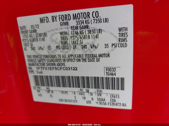 Aukcja sprzedaży 2012 Ford F-150 Stx, vin: 1FTFX1EF5CFC03122, numer aukcji: 46215135