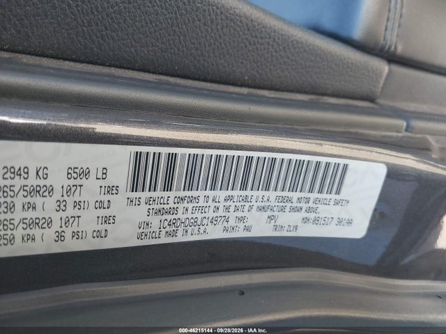 Продаж на аукціоні авто 2018 Dodge Durango Gt Rwd, vin: 1C4RDHDG8JC149774, номер лоту: 46215144