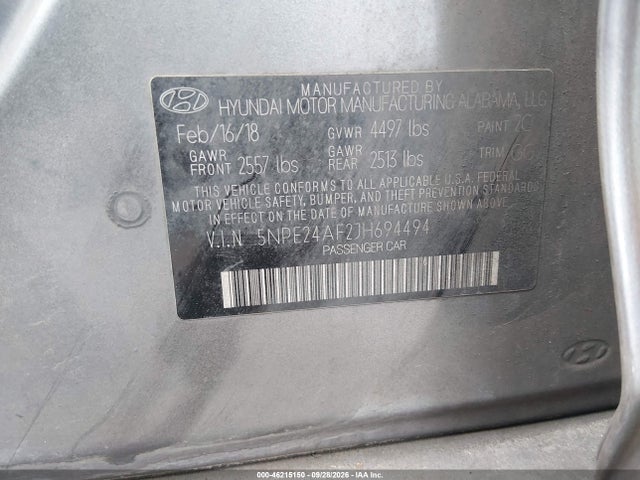 Продаж на аукціоні авто 2018 Hyundai Sonata Se, vin: 5NPE24AF2JH694494, номер лоту: 46215150