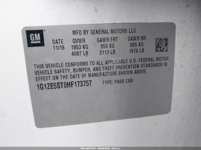 Продажа на аукционе авто 2017 Chevrolet Malibu 1lt, vin: 1G1ZE5ST0HF173757, номер лота: 46215151