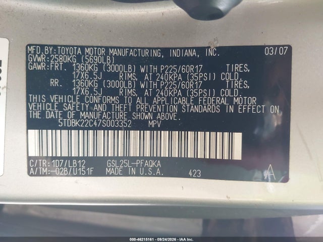 Продаж на аукціоні авто 2007 Toyota Sienna Xle Limited, vin: 5TDBK22C47S003352, номер лоту: 46215161