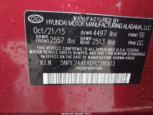 Aukcja sprzedaży 2016 Hyundai Sonata Se, vin: 5NPE24AFXGH328503, numer aukcji: 46215169