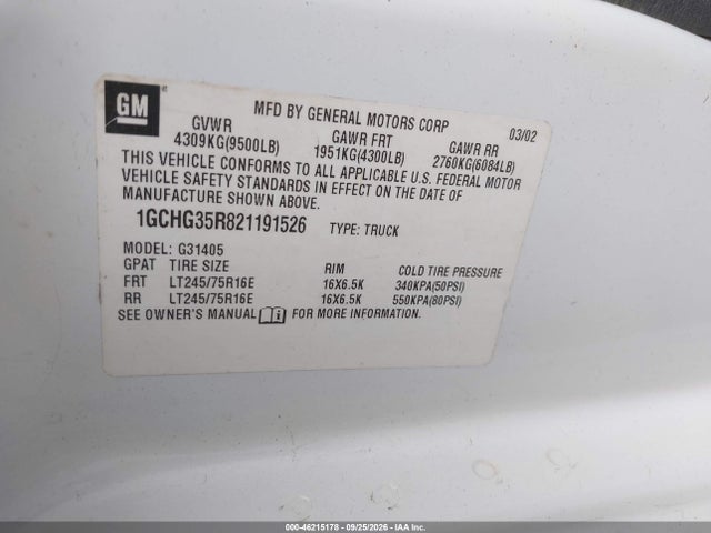 2002 Chevrolet Express მანქანა იყიდება აუქციონზე, vin: 1GCHG35R821191526, აუქციონის ნომერი: 46215178