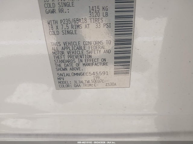 46215182 :رقم المزاد ، 5N1AL0MN6EC545591 vin ، 2014 Infiniti Qx60 مزاد بيع