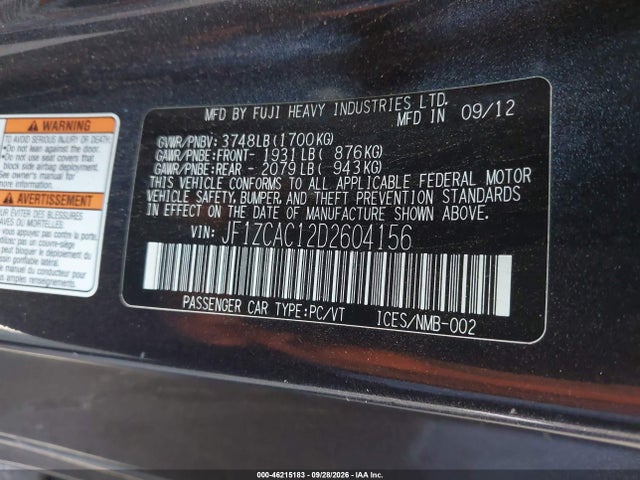 Aukcja sprzedaży 2013 Subaru Brz Limited, vin: JF1ZCAC12D2604156, numer aukcji: 46215183