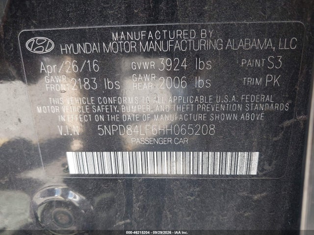 46215204 :رقم المزاد ، 5NPD84LF6HH065208 vin ، 2017 Hyundai Elantra Se مزاد بيع