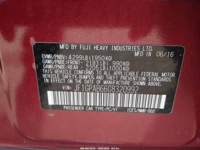 46215219 :رقم المزاد ، JF1GPAB66G8320992 vin ، 2016 Subaru Impreza 2.0i Premium مزاد بيع