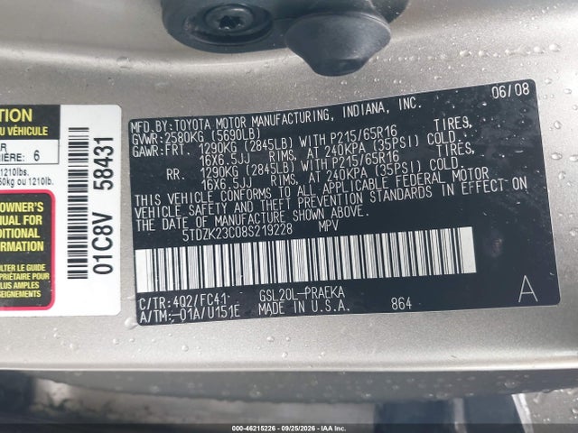 46215226 :رقم المزاد ، 5TDZK23C08S219228 vin ، 2008 Toyota Sienna Le مزاد بيع