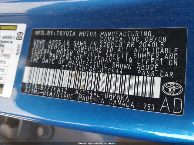 2009 Toyota Matrix S მანქანა იყიდება აუქციონზე, vin: 2T1LE40E69C010844, აუქციონის ნომერი: 46215228