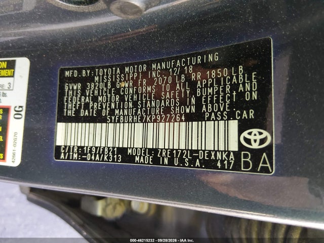 2019 Toyota Corolla Le მანქანა იყიდება აუქციონზე, vin: 5YFBURHE7KP927264, აუქციონის ნომერი: 46215232