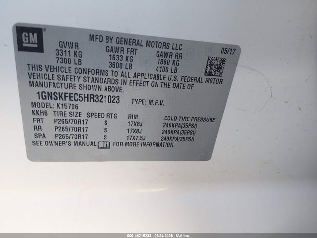 46215233 :رقم المزاد ، 1GNSKFEC5HR321023 vin ، 2017 Chevrolet Tahoe Commercial Fleet مزاد بيع
