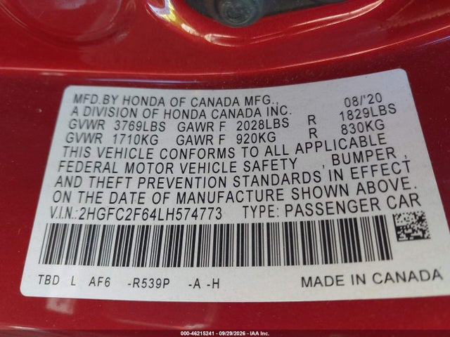 Продаж на аукціоні авто 2020 Honda Civic Lx, vin: 2HGFC2F64LH574773, номер лоту: 46215241