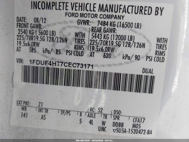 2012 Ford F-450 Chassis Xl მანქანა იყიდება აუქციონზე, vin: 1FDUF4HT7CEC73171, აუქციონის ნომერი: 46215247