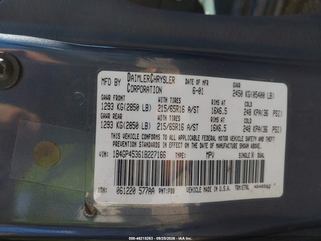 2001 Dodge Caravan Sport მანქანა იყიდება აუქციონზე, vin: 1B4GP45361B227166, აუქციონის ნომერი: 46215263
