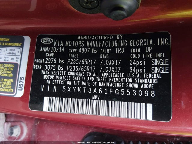 2015 Kia Sorento Lx მანქანა იყიდება აუქციონზე, vin: 5XYKT3A61FG553098, აუქციონის ნომერი: 46215267