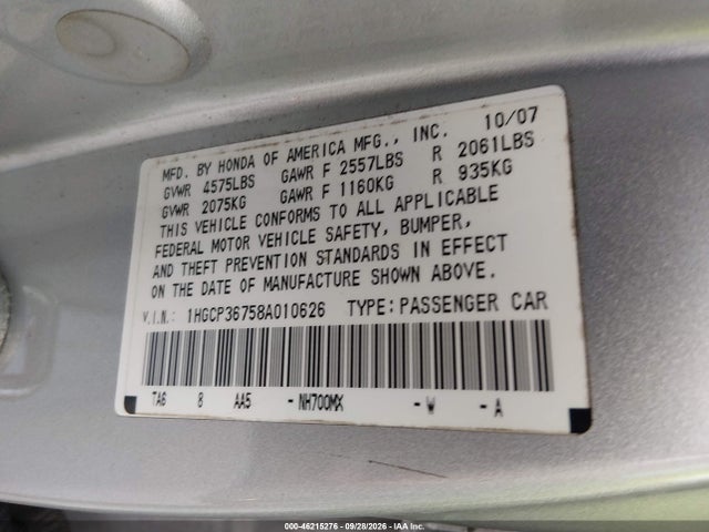 46215276 :رقم المزاد ، 1HGCP36758A010626 vin ، 2008 Honda Accord 3.5 Ex مزاد بيع