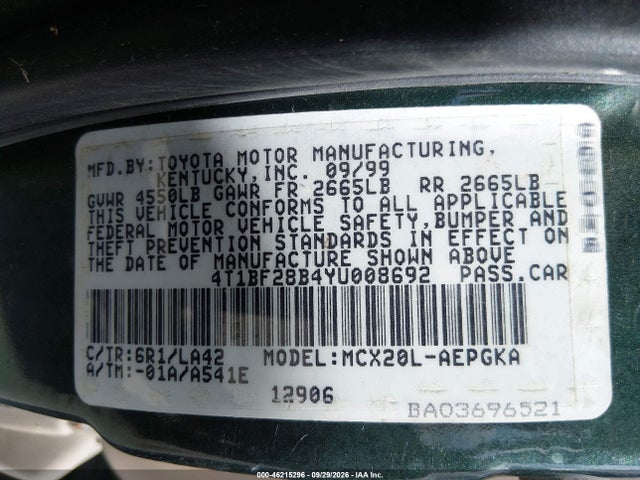 2000 Toyota Avalon Xls მანქანა იყიდება აუქციონზე, vin: 4T1BF28B4YU008692, აუქციონის ნომერი: 46215296
