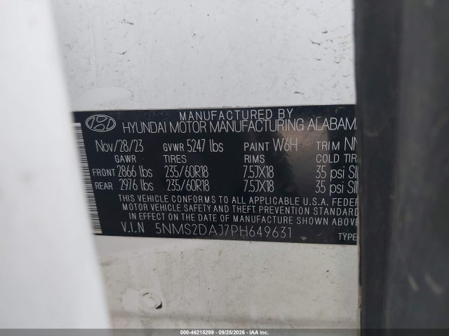 46215299 :رقم المزاد ، 5NMS2DAJ7PH649631 vin ، 2023 Hyundai Santa Fe Sel مزاد بيع