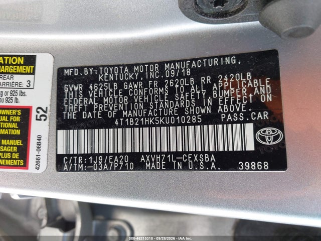 Продаж на аукціоні авто 2019 Toyota Camry Hybrid Se, vin: 4T1B21HK5KU010285, номер лоту: 46215310