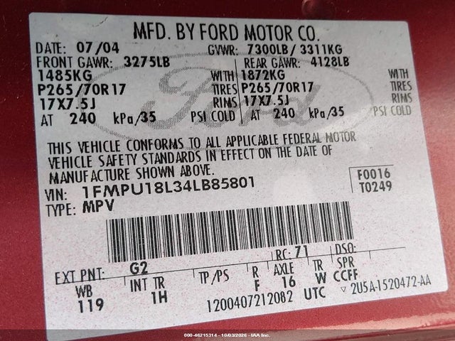 Aukcja sprzedaży 2004 Ford Expedition Eddie Bauer, vin: 1FMPU18L34LB85801, numer aukcji: 46215314