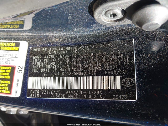 46215321 :رقم المزاد ، 4T1G11AK5MU421496 vin ، 2021 Toyota Camry Se مزاد بيع