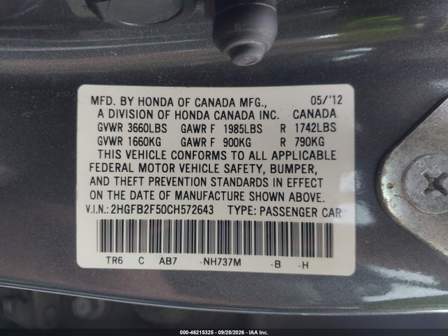 46215325 :رقم المزاد ، 2HGFB2F50CH572643 vin ، 2012 Honda Civic Sdn Lx مزاد بيع