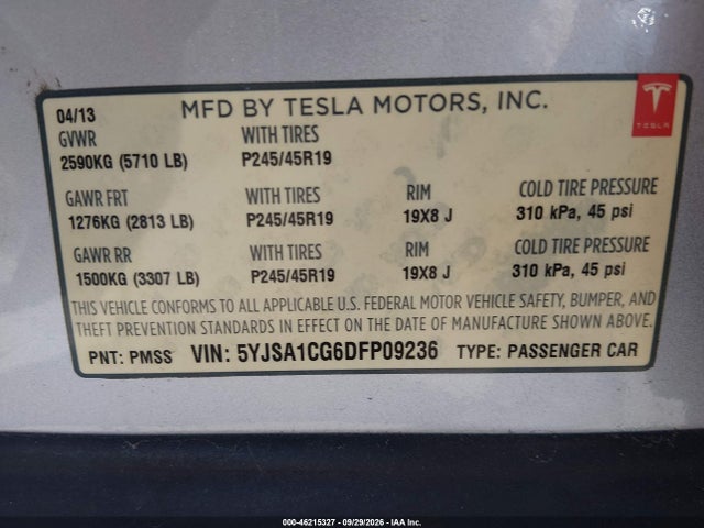 Aukcja sprzedaży 2013 Tesla Model S, vin: 5YJSA1CG6DFP09236, numer aukcji: 46215327