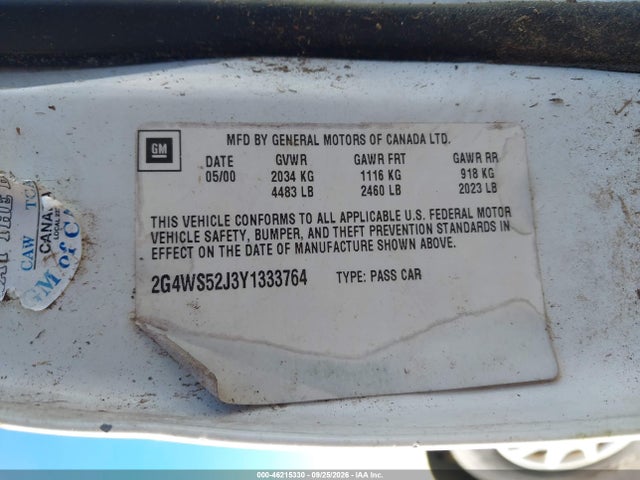 46215330 :رقم المزاد ، 2G4WS52J3Y1333764 vin ، 2000 Buick Century Custom مزاد بيع