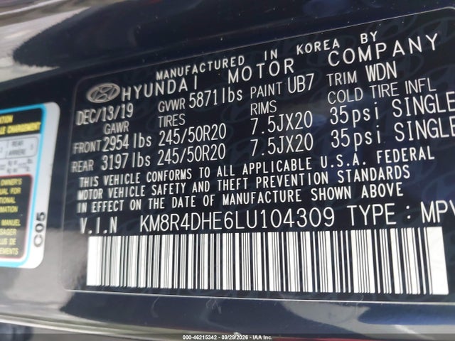 Продажа на аукционе авто 2020 Hyundai Palisade Sel, vin: KM8R4DHE6LU104309, номер лота: 46215342