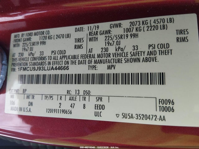 46215348 :رقم المزاد ، 1FMCU9J93LUA44666 vin ، 2020 Ford Escape Titanium مزاد بيع