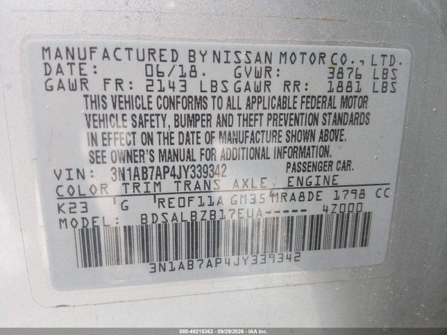 46215362 :رقم المزاد ، 3N1AB7AP4JY339342 vin ، 2018 Nissan Sentra S مزاد بيع