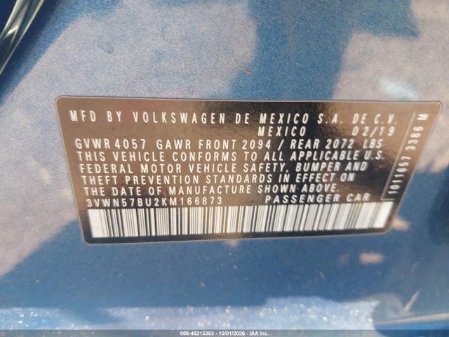 3VWN57BU2KM166873 Volkswagen Jetta 1.4t S