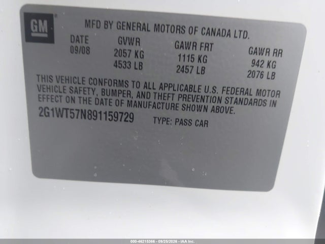 46215366 :رقم المزاد ، 2G1WT57N891159729 vin ، 2009 Chevrolet Impala Lt مزاد بيع
