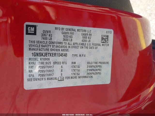 46215380 :رقم المزاد ، 1GNSKJE7XER104648 vin ، 2014 Chevrolet Suburban 1500 Lt مزاد بيع