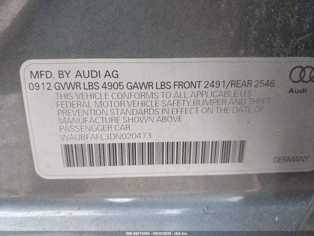 2013 Audi A4 2.0t Premium მანქანა იყიდება აუქციონზე, vin: WAUBFAFL3DN020473, აუქციონის ნომერი: 46215394