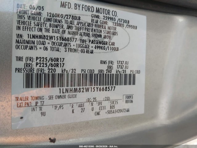 Продажа на аукционе авто 2005 Lincoln Town Car Signature Limited, vin: 1LNHM82W15Y668577, номер лота: 46215395