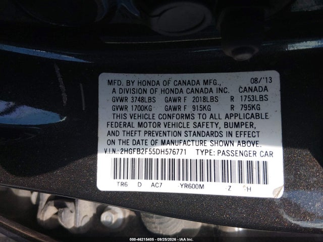 2013 Honda Civic Lx მანქანა იყიდება აუქციონზე, vin: 2HGFB2F55DH576771, აუქციონის ნომერი: 46215405