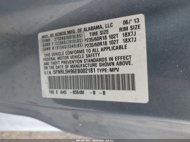 2014 Honda Odyssey Touring/touring Elite მანქანა იყიდება აუქციონზე, vin: 5FNRL5H96EB002181, აუქციონის ნომერი: 46215411