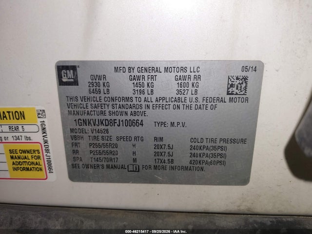 46215417 :رقم المزاد ، 1GNKVJKD8FJ100664 vin ، 2015 Chevrolet Traverse Ltz مزاد بيع