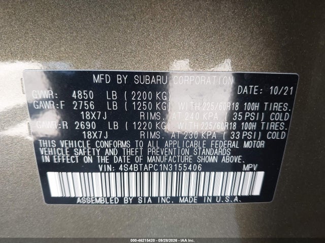 Aukcja sprzedaży 2022 Subaru Outback Touring, vin: 4S4BTAPC1N3155406, numer aukcji: 46215420