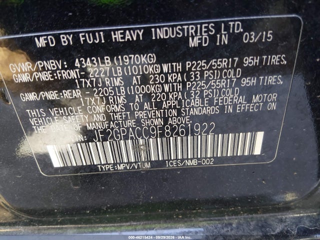 JF2GPACC9F8261922 Subaru Xv Crosstrek 2.0i Premium