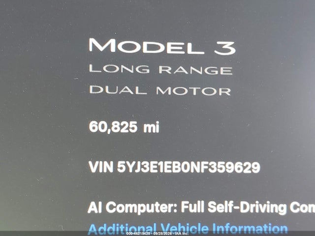 Aukcja sprzedaży 2022 Tesla Modelo 3 Long Range Dual Motor All-wheel Drive, vin: 5YJ3E1EB0NF359629, numer aukcji: 46215425