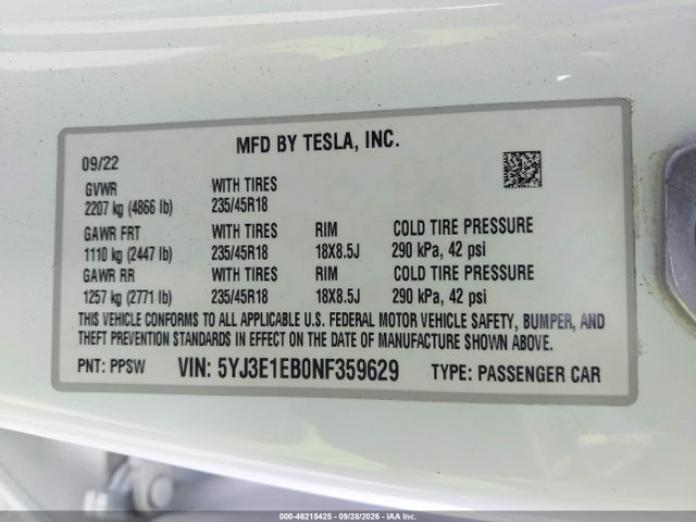 Aukcja sprzedaży 2022 Tesla Modelo 3 Long Range Dual Motor All-wheel Drive, vin: 5YJ3E1EB0NF359629, numer aukcji: 46215425