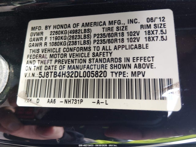 46215433 :رقم المزاد ، 5J8TB4H32DL005820 vin ، 2013 Acura Rdx مزاد بيع