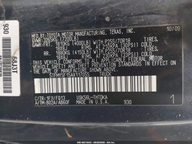 46215442 :رقم المزاد ، 5TFMY5F15AX117055 vin ، 2010 Toyota Tundra Grade 5.7l V8 مزاد بيع