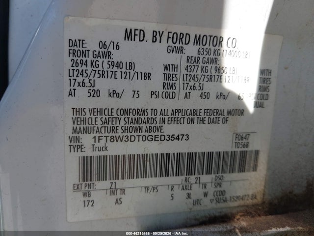 Продаж на аукціоні авто 2016 Ford F-350 Xl, vin: 1FT8W3DT0GED35473, номер лоту: 46215466