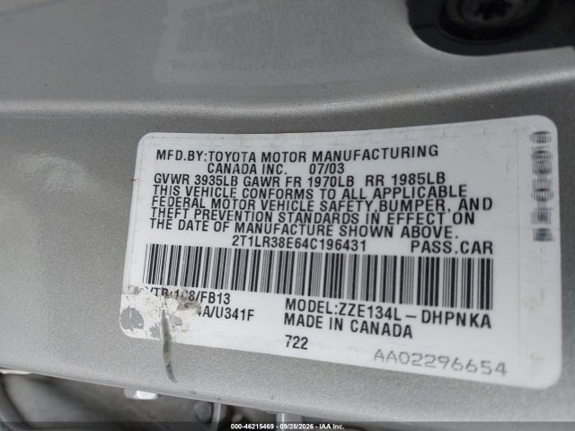 46215469 :رقم المزاد ، 2T1LR38E64C196431 vin ، 2004 Toyota Matrix Xr مزاد بيع
