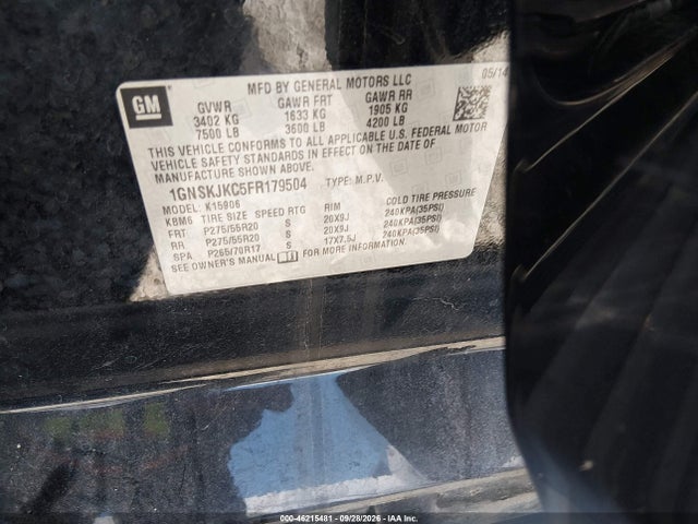 Aukcja sprzedaży 2015 Chevrolet Suburban 1500 Lt, vin: 1GNSKJKC5FR179504, numer aukcji: 46215481
