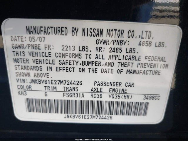 Aukcja sprzedaży 2007 Infiniti G35 Sport W/6-speed Manual, vin: JNKBV61E27M724426, numer aukcji: 46215484